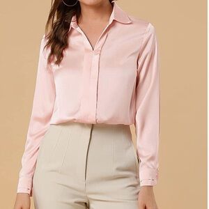 Allegra K Women's Elegant Blush Mauve Pink Long Sleeve Office Work Satin Blouse